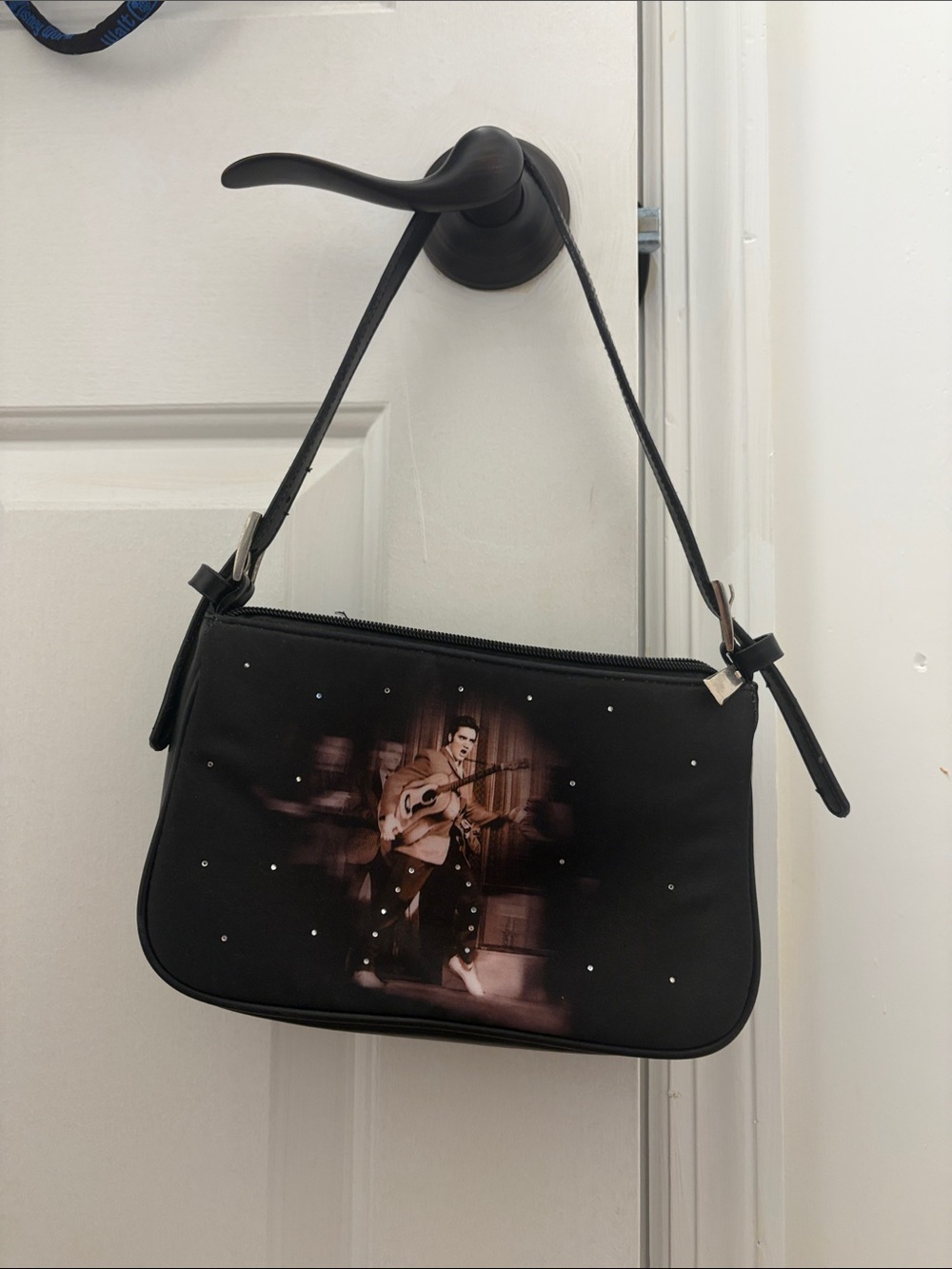 Black Elvis Graphic Shoulder Bag with Stud Accents